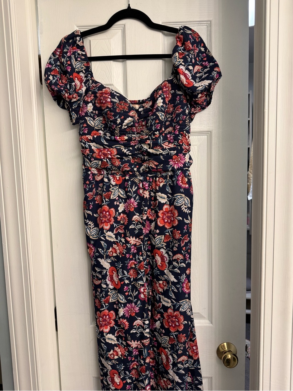 Free People Floral Smocked Top in Navy with Red and Pink Accents